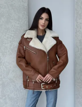 Дубленка авиатор из натуральной кожи в цвете виски