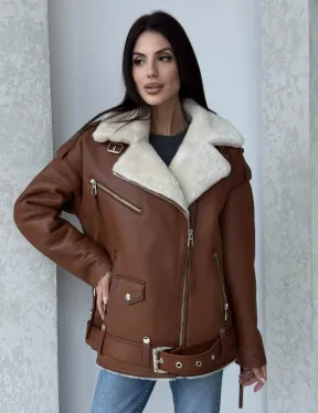 Дубленка авиатор из натуральной кожи в цвете виски