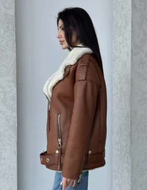 Дубленка авиатор из натуральной кожи в цвете виски