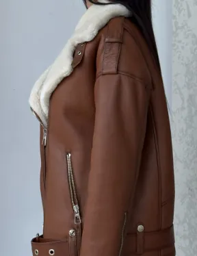 Дубленка авиатор из натуральной кожи в цвете виски