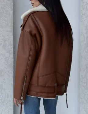 Дубленка авиатор из натуральной кожи в цвете виски