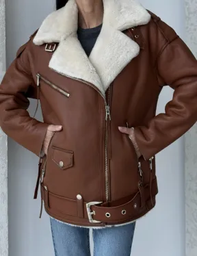 Дубленка авиатор из натуральной кожи в цвете виски