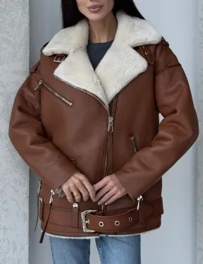 Дубленка авиатор из натуральной кожи в цвете виски