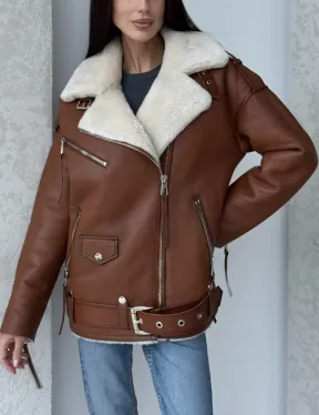 Дубленка авиатор из натуральной кожи в цвете виски