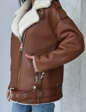 Дубленка авиатор из натуральной кожи в цвете виски