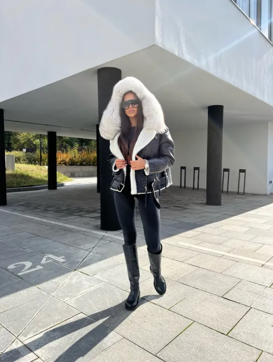 Дублёнка - косуха из натуральной кожи CROCO с капюшоном из финского песца