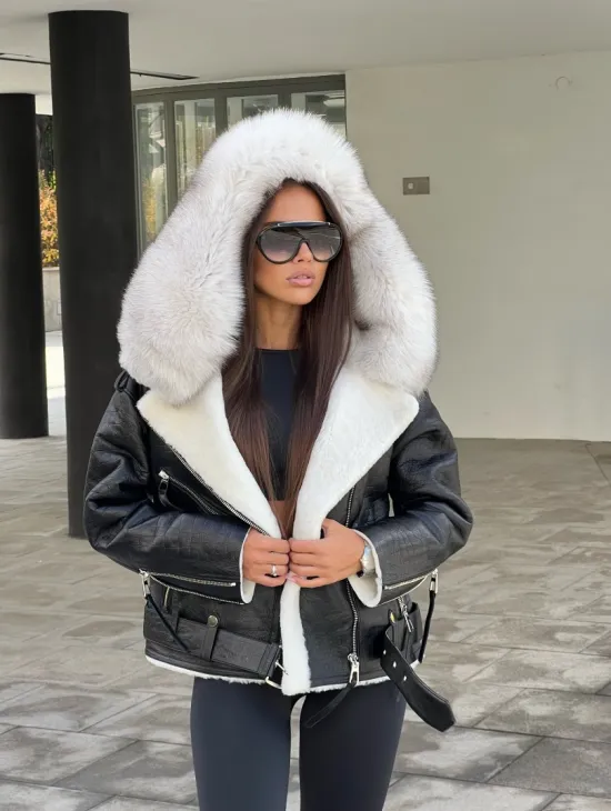 Дублёнка - косуха из натуральной кожи CROCO с капюшоном из финского песца