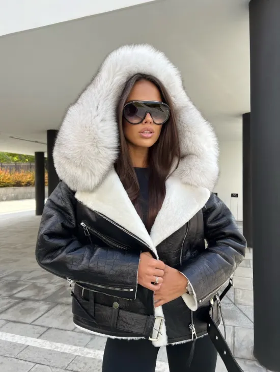 Дублёнка - косуха из натуральной кожи CROCO с капюшоном из финского песца