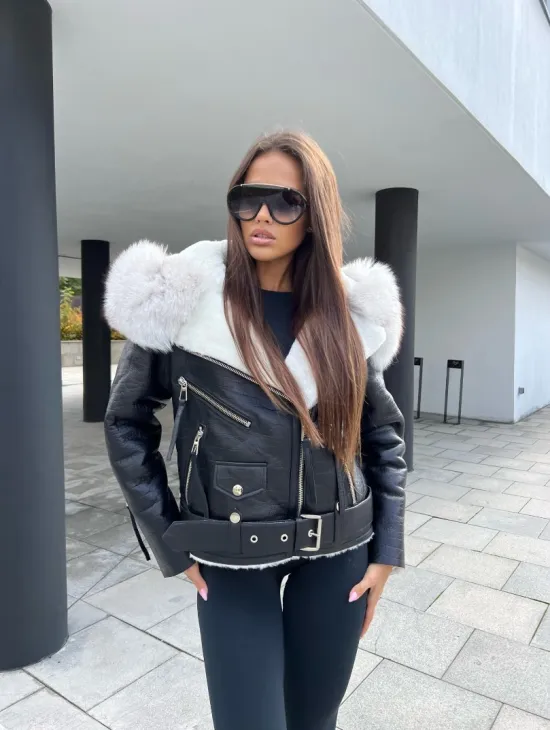 Дублёнка - косуха из натуральной кожи CROCO с капюшоном из финского песца