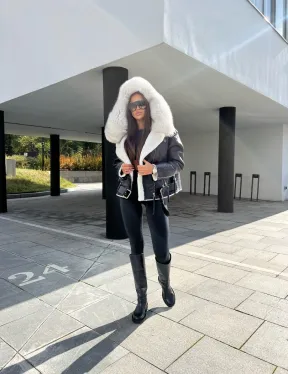 Дублёнка - косуха из натуральной кожи CROCO с капюшоном из финского песца