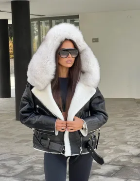 Дублёнка - косуха из натуральной кожи CROCO с капюшоном из финского песца