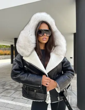 Дублёнка - косуха из натуральной кожи CROCO с капюшоном из финского песца