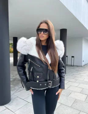 Дублёнка - косуха из натуральной кожи CROCO с капюшоном из финского песца