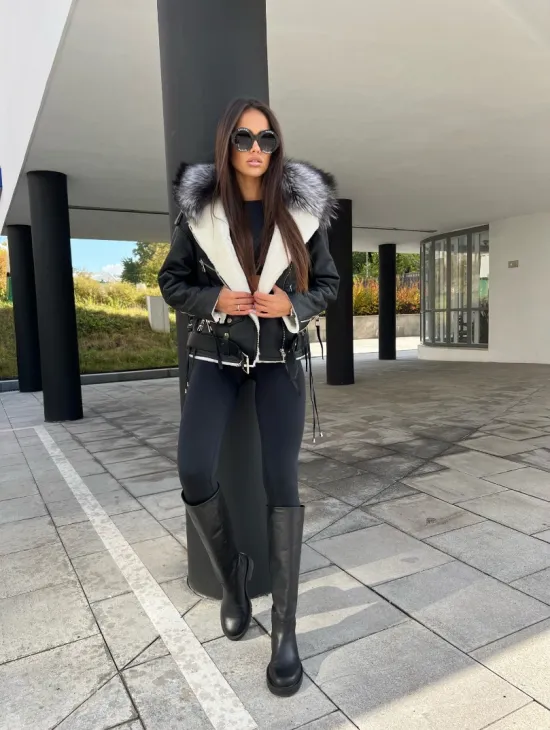 Авиатор из натуральной кожи с воротником из чернобурой лисы