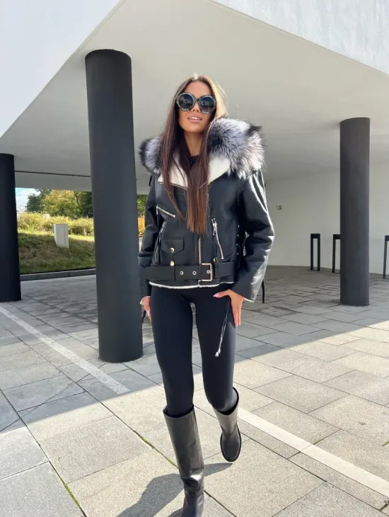 Авиатор из натуральной кожи с воротником из чернобурой лисы
