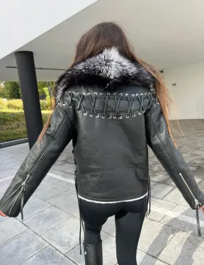 Авиатор из натуральной кожи с воротником из чернобурой лисы