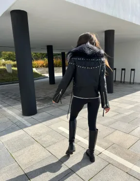 Авиатор из натуральной кожи с воротником из чернобурой лисы