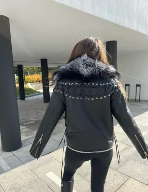 Авиатор из натуральной кожи с воротником из чернобурой лисы