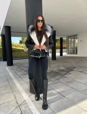 Авиатор из натуральной кожи с воротником из чернобурой лисы