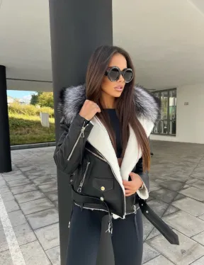 Авиатор из натуральной кожи с воротником из чернобурой лисы