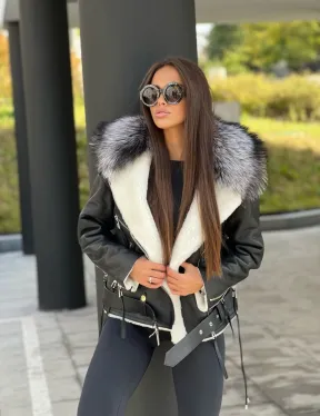 Авиатор из натуральной кожи с воротником из чернобурой лисы