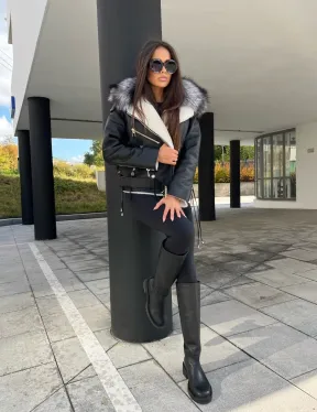 Авиатор из натуральной кожи с воротником из чернобурой лисы