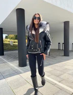 Авиатор из натуральной кожи с воротником из чернобурой лисы