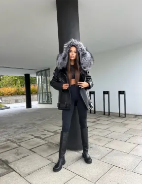 Дубленка - косуха с капюшоном из меха чернобурой лисы