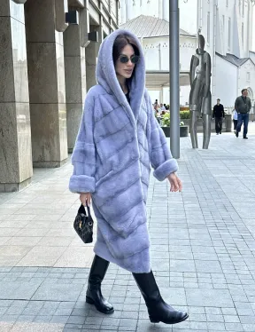 Удлиненная голубая норковая шуба NAFA MINK с капюшоном