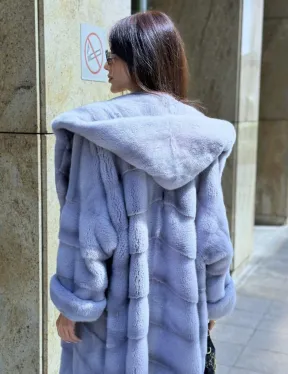 Удлиненная голубая норковая шуба NAFA MINK с капюшоном