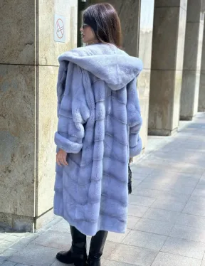 Удлиненная голубая норковая шуба NAFA MINK с капюшоном