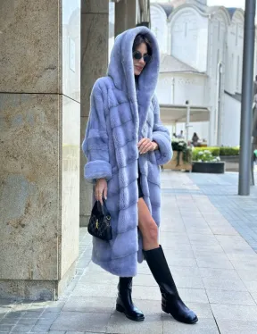 Удлиненная голубая норковая шуба NAFA MINK с капюшоном