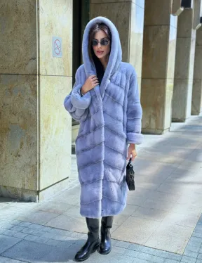 Удлиненная голубая норковая шуба NAFA MINK с капюшоном