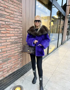 Шуба норковая с капюшоном из меха куницы - цвет фиолетовый