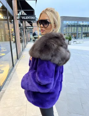 Шуба норковая с капюшоном из меха куницы - цвет фиолетовый