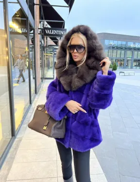 Шуба норковая с капюшоном из меха куницы - цвет фиолетовый