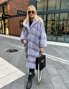 Шикарная норковая шуба с капюшоном - цвет сапфир