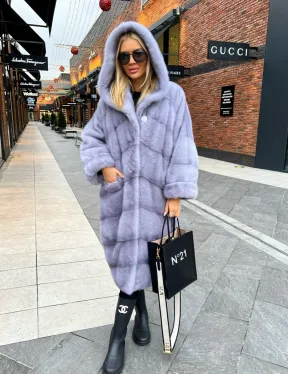 Шикарная норковая шуба с капюшоном - цвет сапфир