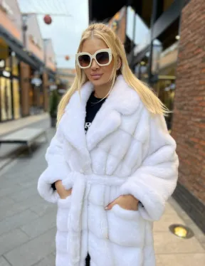 Удлиненная шуба из меха датской норки в цвете паломино