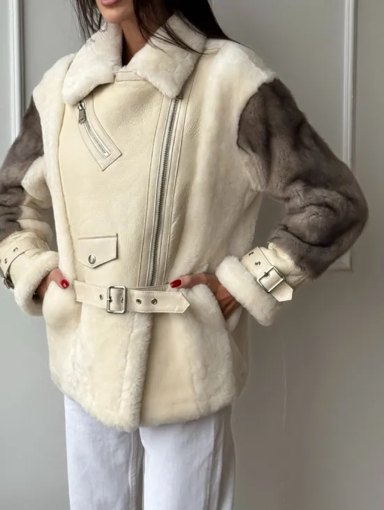 Дубленка из натуральной овчины с рукавами из меха норки