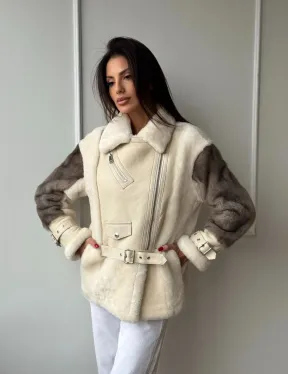 Дубленка из натуральной овчины с рукавами из меха норки