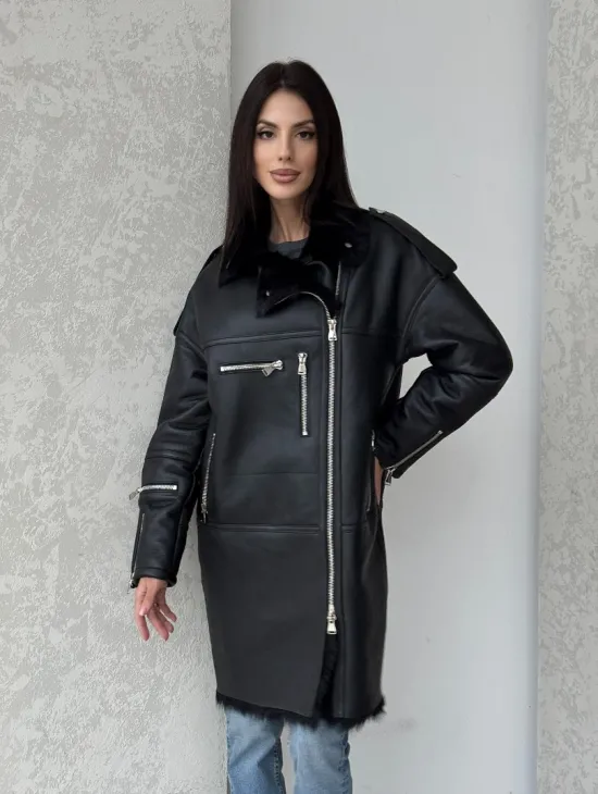 Удлиненная дубленка - авиатор из натуральной овчины с мехом тосканы