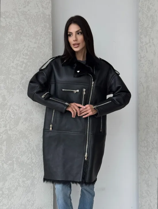 Удлиненная дубленка - авиатор из натуральной овчины с мехом тосканы