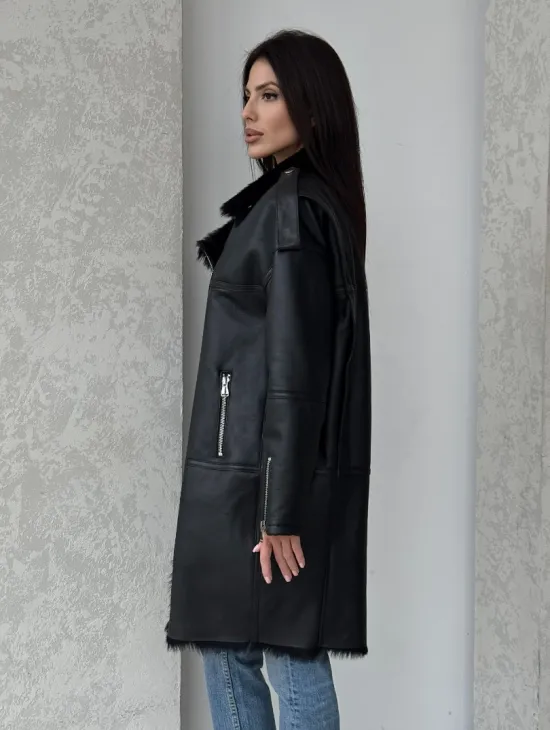 Удлиненная дубленка - авиатор из натуральной овчины с мехом тосканы