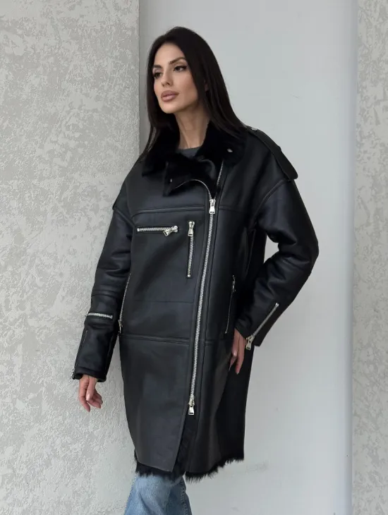 Удлиненная дубленка - авиатор из натуральной овчины с мехом тосканы