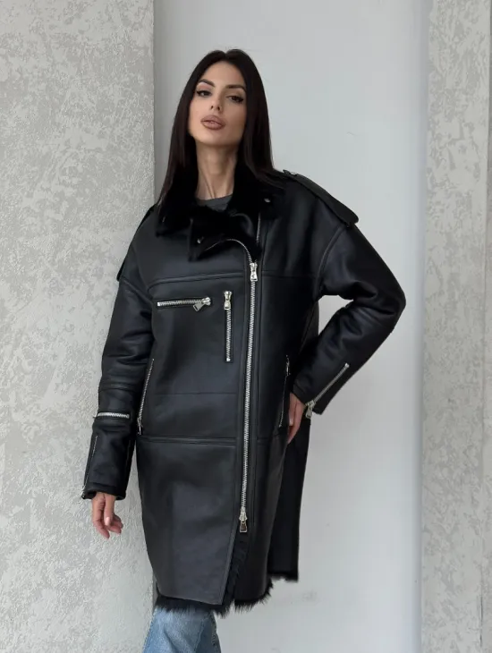 Удлиненная дубленка - авиатор из натуральной овчины с мехом тосканы