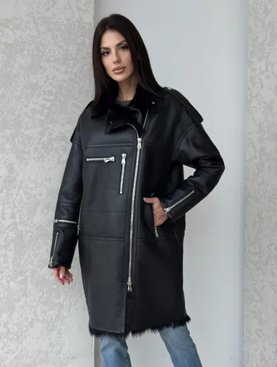 Удлиненная дубленка - авиатор из натуральной овчины с мехом тосканы