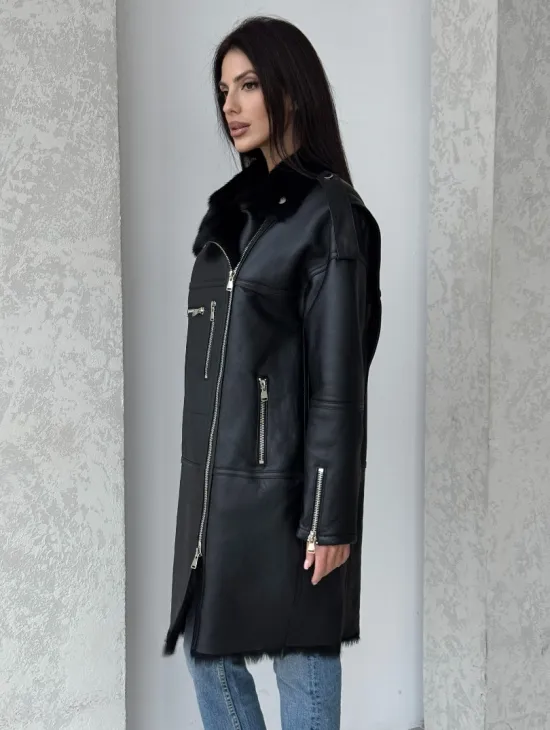 Удлиненная дубленка - авиатор из натуральной овчины с мехом тосканы