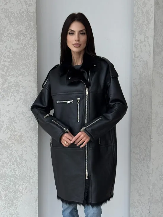 Удлиненная дубленка - авиатор из натуральной овчины с мехом тосканы