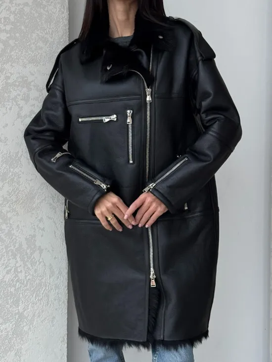 Удлиненная дубленка - авиатор из натуральной овчины с мехом тосканы